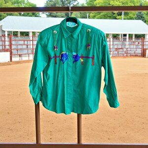 Southwest Canyon Vintage 90s Embroidered Rodeo Horse Teal Green Shirt Size Large